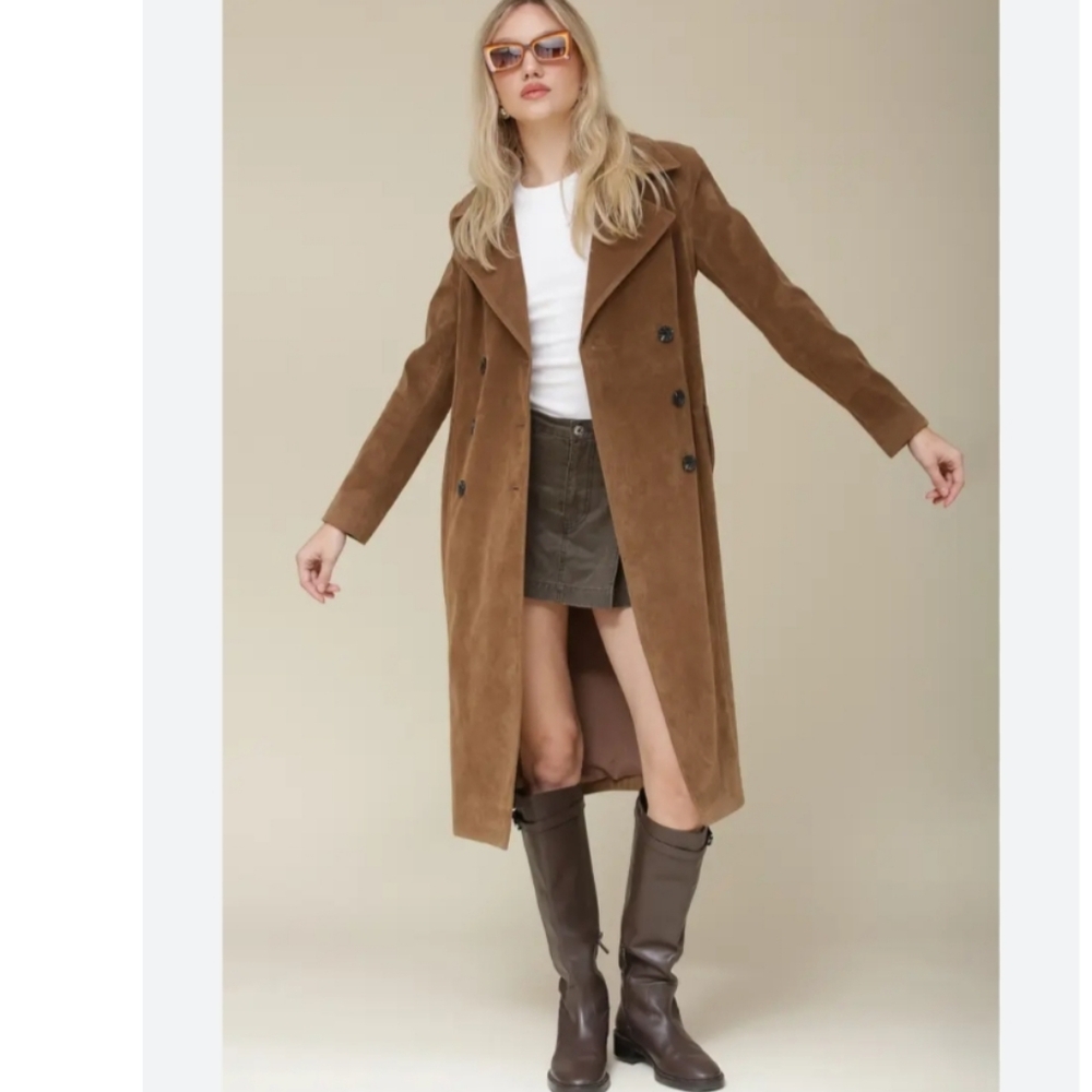 Avec Les Filles Double Breasted Faux Suede Belted Trench Coat M NWT